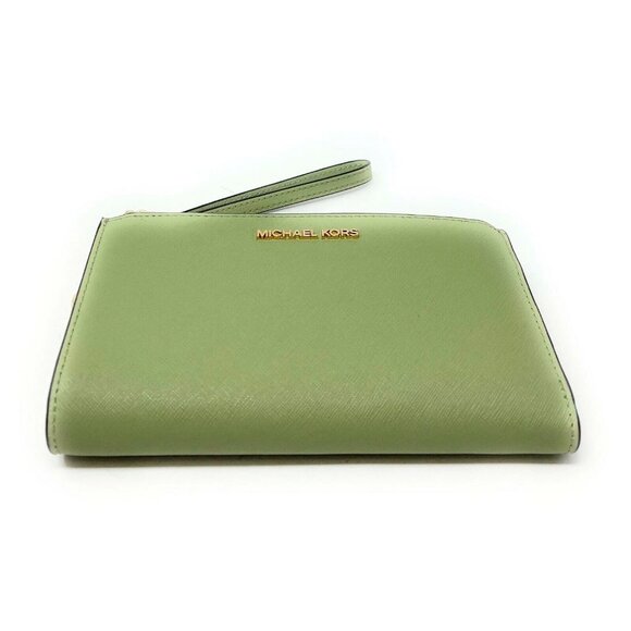 S Michael Kors Jet Set Travel Double-Zip Wristlet Army Green Leather Sage NWT F - Picture 5 of 7